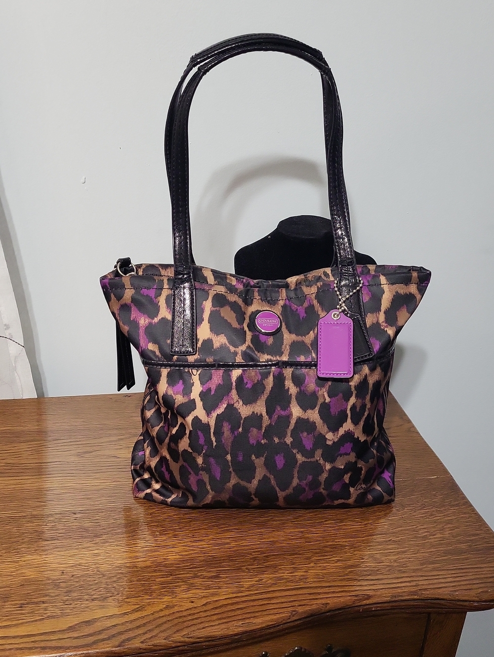 Coach Ocelot Leopard Print Tote Bag with Purple Accents